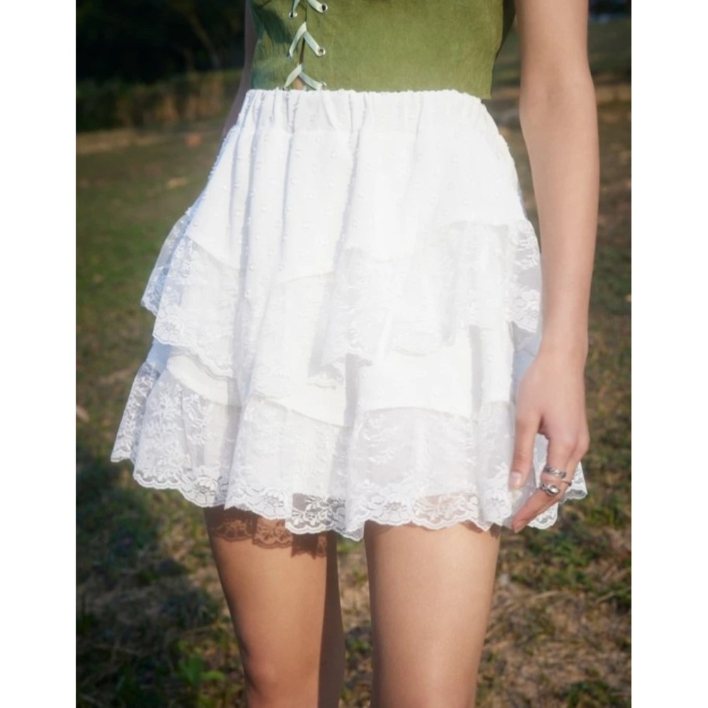 Romwe Fairycore Contrast Lace Tiered Ruffle Skirt White XL Elastic Waist Lined